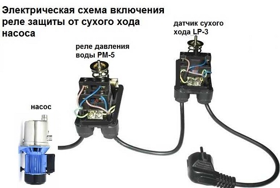 Электрическая схема включения реле защиты насоса от сухого хода