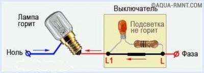 Схема работы выключателя с подсветкой в режиме замкнутых контактов