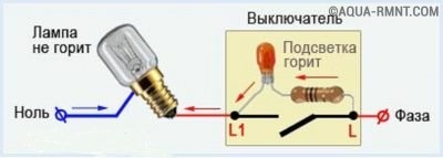 Схема работы выключателя с подсветкой при размыкании контакта