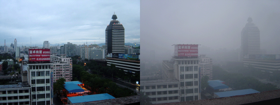 A before and after image showing Beijing after a rain and on a smoggy day.