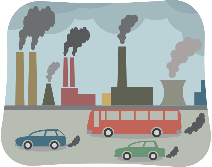 An illustration of cars, buildings and smoke pollution.