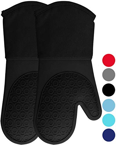 HOMWE Extra Long Professional Silicone Oven Mitt, Oven Mitts with Quilted Liner, Heat Resistant Pot Holders, Flexible Oven Gloves, Black, 1 Pair, 13.7 Inch