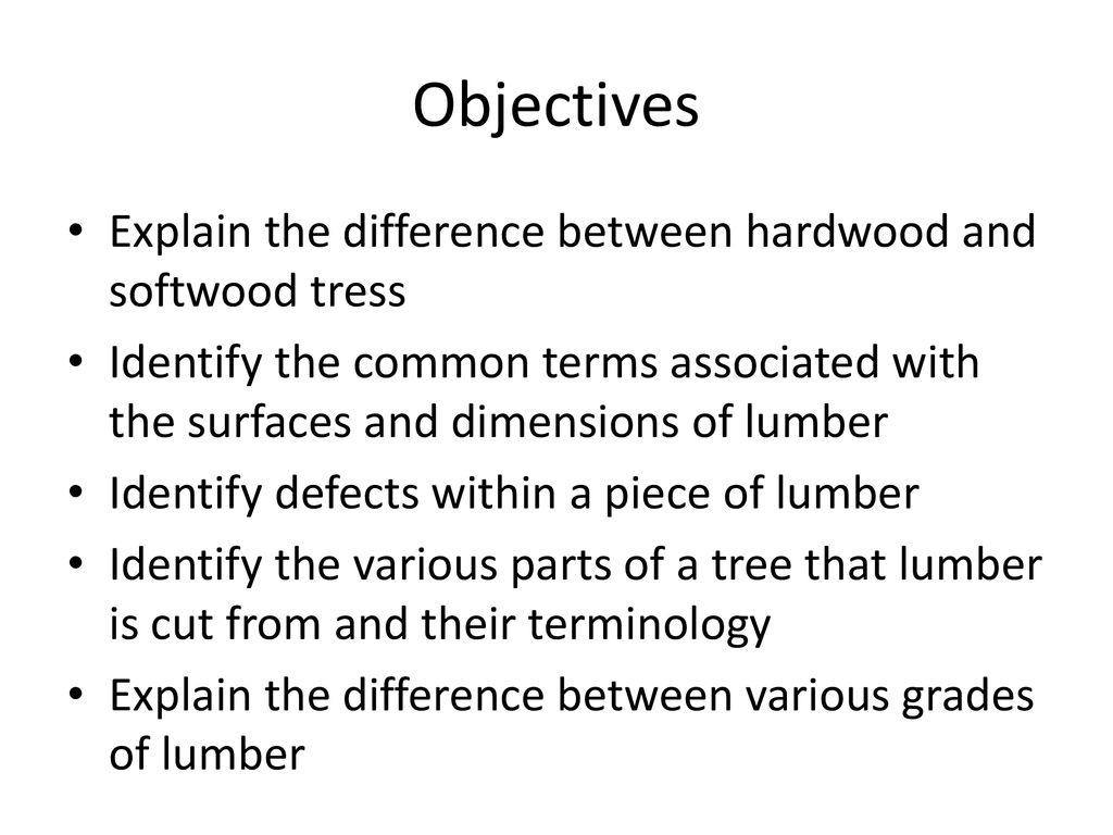 Objectives Explain the difference between hardwood and softwood tress