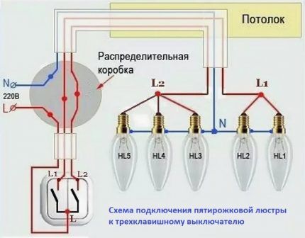 Пятирожковая люстра и трехклавишный выключатель