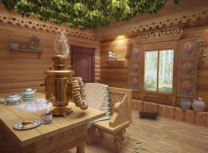 Оформление интерьера комнаты отдыха в русской бане