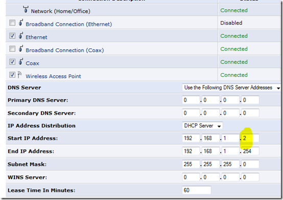 Picture of the Network Connections Screen on a standard Verizon ActionTec Router