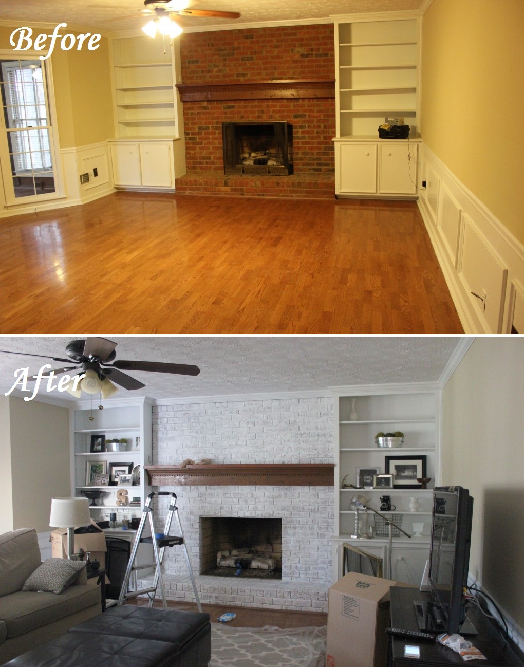 whitewashed fireplace before and after